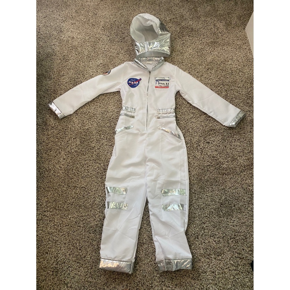 NASA Astronaut Space Suit Costume Kids XL White Silver Jumpsuit Helmet